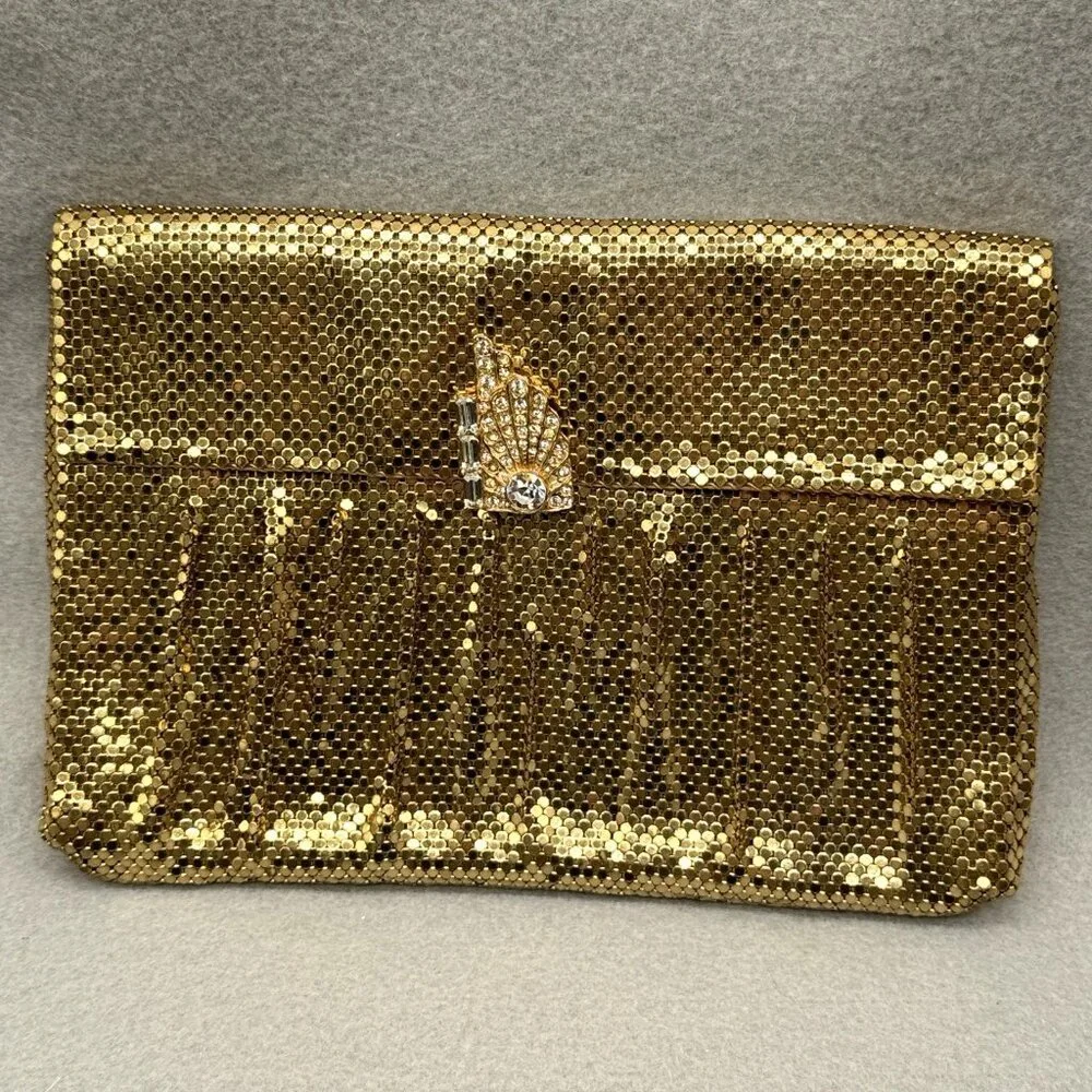 Mesh Purse Clutch Bag Gold Tone Art Deco Rhinestone Clip Vtg Whiting and Davis - Picture 14 of 14